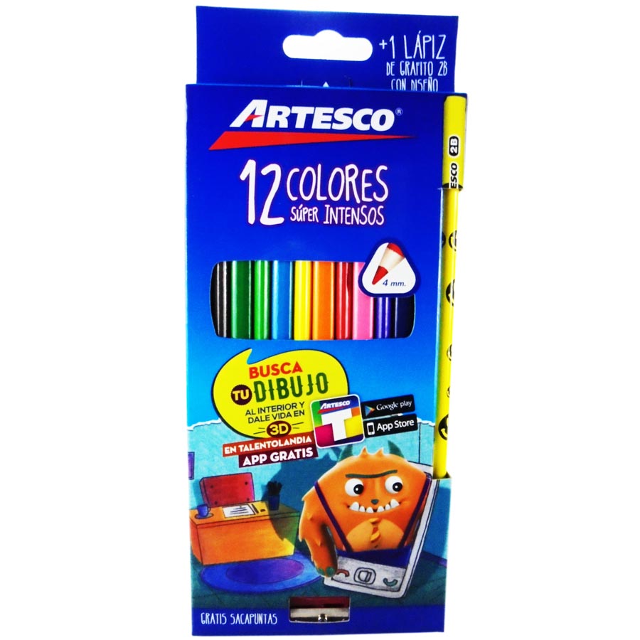 Color Largo  triangular Artesco 12 Colores + 2 lapices + tajador
